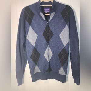 Ballantrae Edinburg Blue and Gray Argyle 1/4 Zip-Up wool Sweater